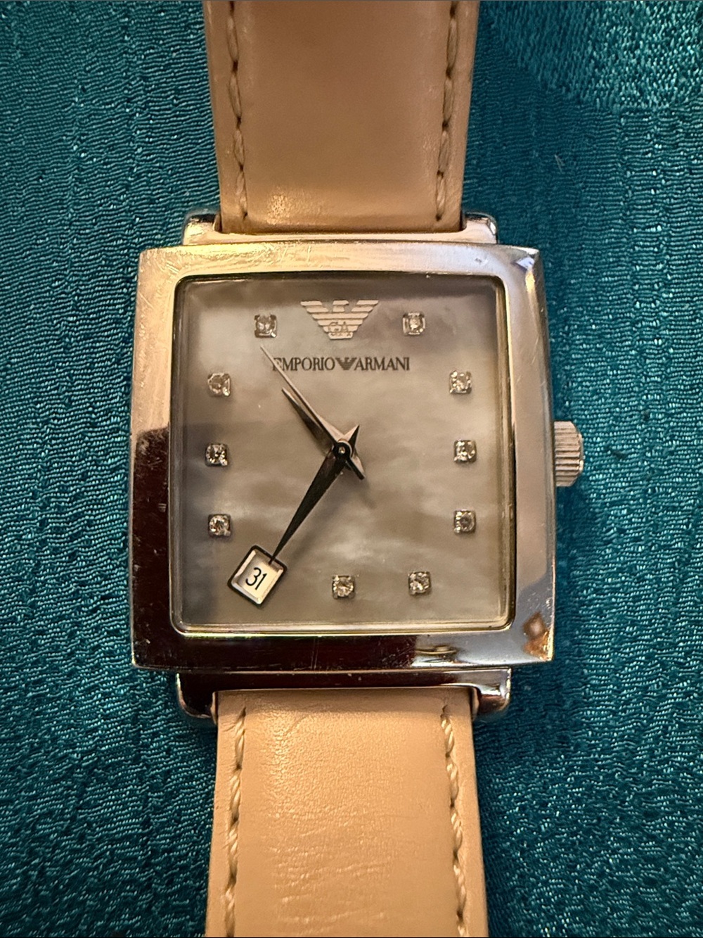 Emporio Armani Beige Leather Strap Silver-Tone Square Watch